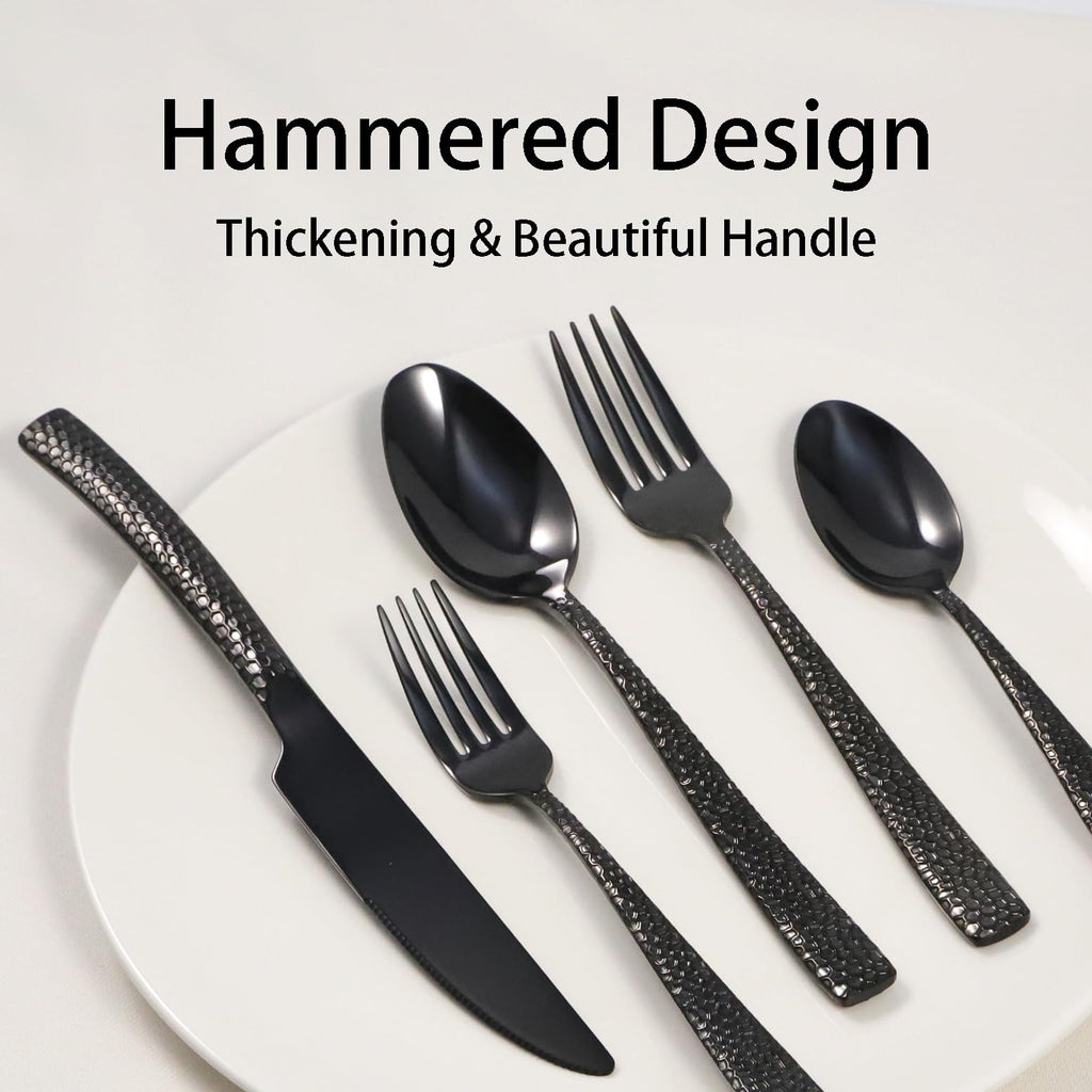 Black Hammered Silverware Set, 20 Piece Stainless Steel Flatware Set for 4, Food-Grade Tableware Cutlery Set