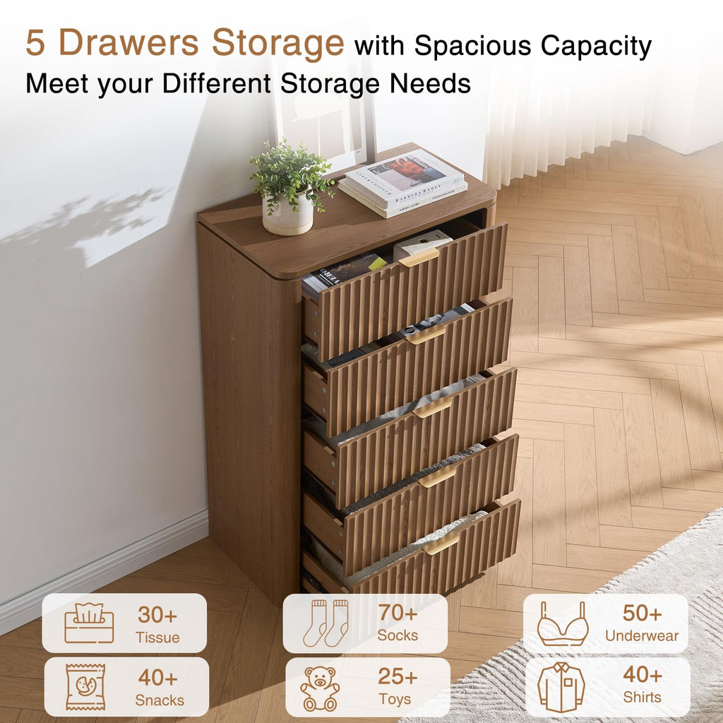 Fluted 5 Drawers Dresser, 45.3" Tall Modern Chest of Drawers with Metal Handle, Natural Wooden Dresser TV Stand Boho