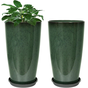 Set of 2 Tall Planter, 21 inch Large Plastic Planter, Dark Green