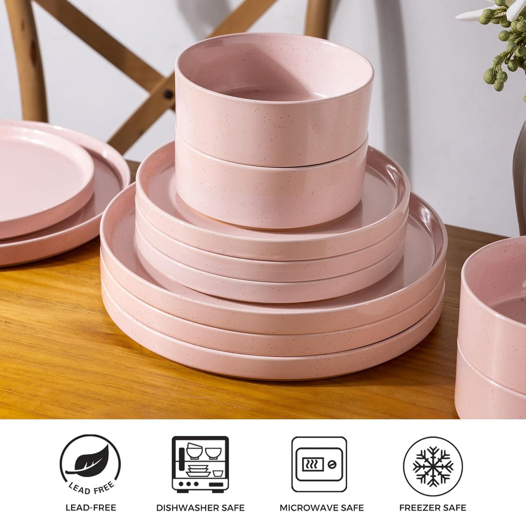 Ceramic Dinnerware Set for 4 | Speckled Stoneware Plates and Bowls with unglazed terracotta | Scratch Resistant