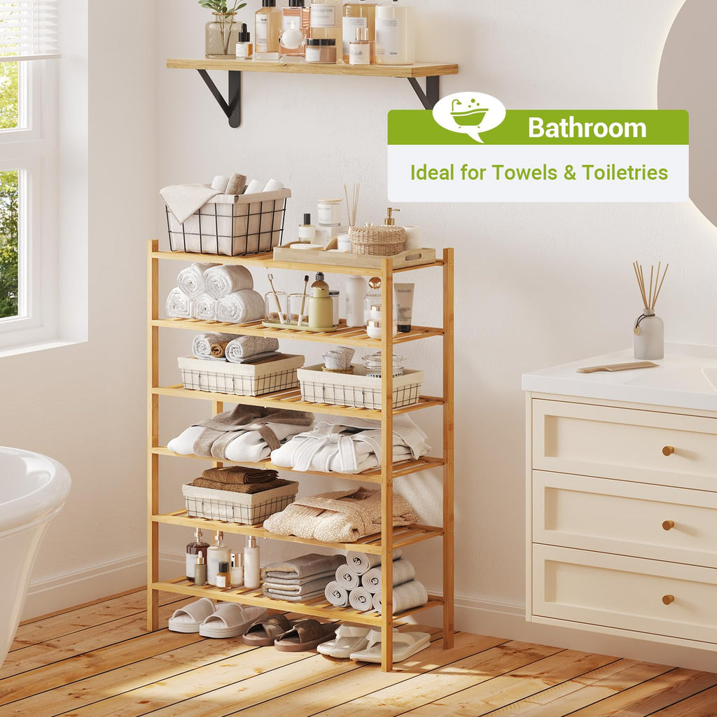 6-Tier Bamboo Shoe Rack Premium Stackable Shoe Shelf Storage Organizer Closet Living Room Entryway Organizer (Natural