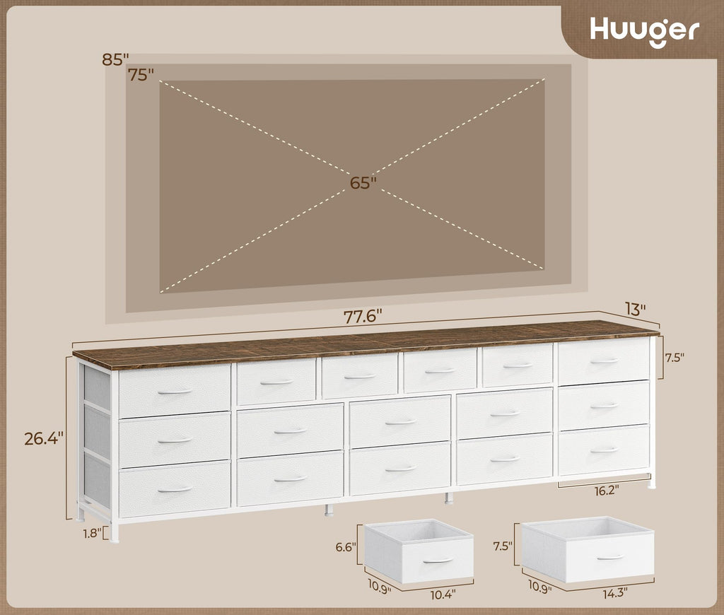 77.6" Long Dresser, 16 Drawer Fabric Dresser for Closet, Wide Chest of Drawers with Storage, TV Stand for 65, 75, 85