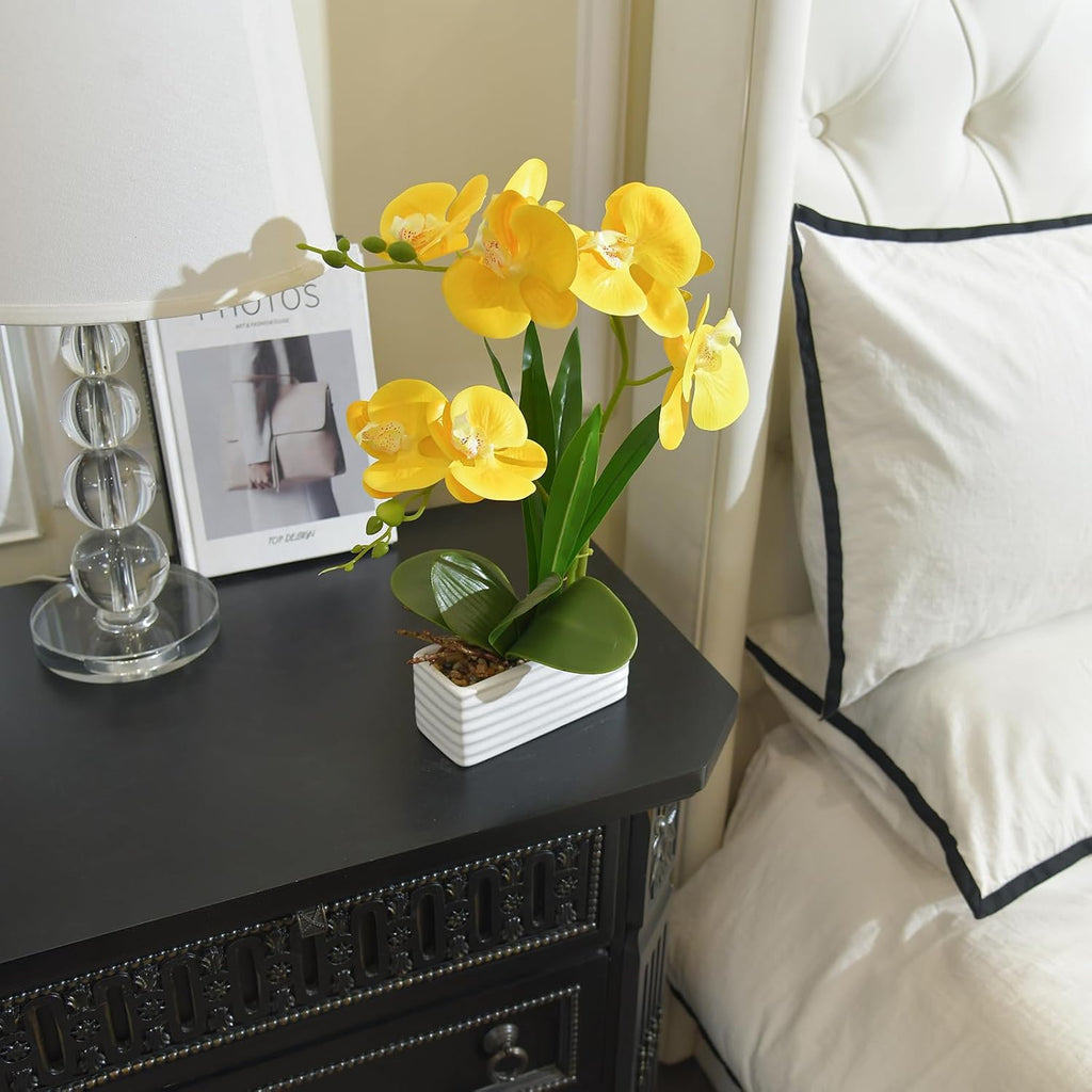 Artificial Real Touch Orchid Flowers with White Ceramic Vase, Yellow