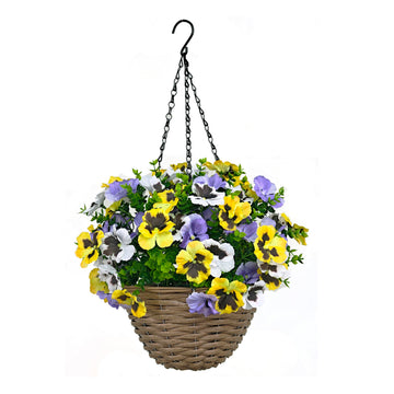 22" Premium Artificial Pansy Hanging Basket, Yellow Purple & White Lifelike Spring Flowers, Easy Assembly Wicker
