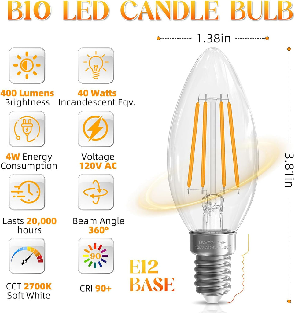 E12 Candelabra Bulb, Chandelier Light Bulbs, E12 LED Bulb, 2700K
