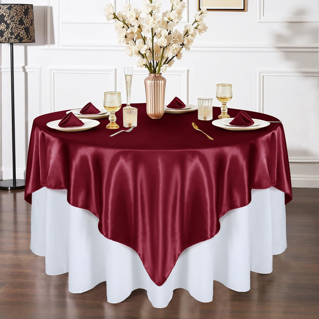 72 Inch Satin Square Tablecloth Overlay, Red, 6 Pcs