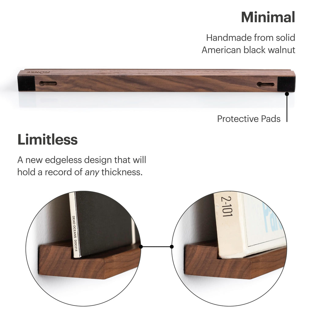Vinyl Record Shelf - 3 Display Ledges Made of Solid Walnut -A Wall Mount for Your Favorite or Now-Playing Records