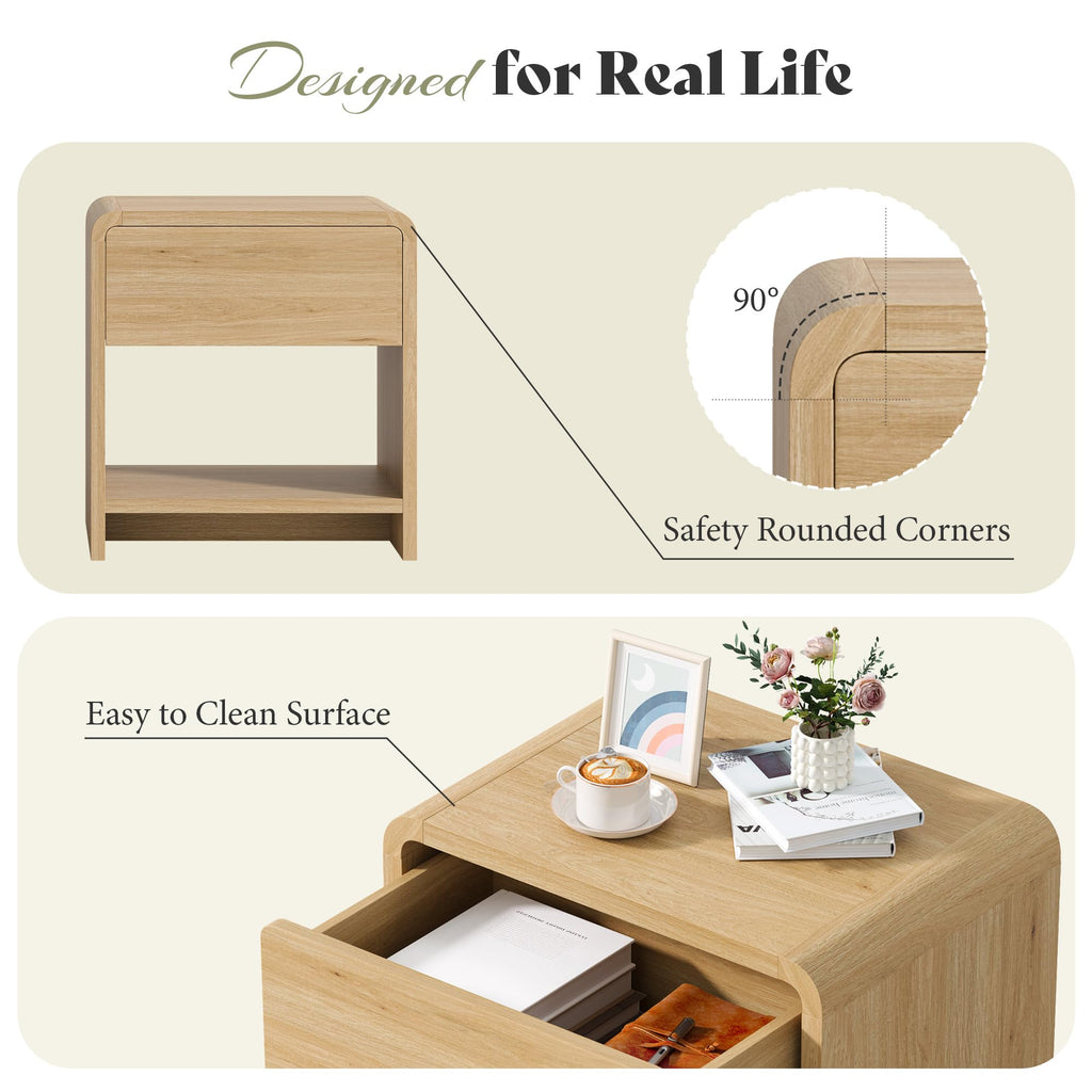 Nightstands Set of 2 with Storage Drawer & Shelves, Oak