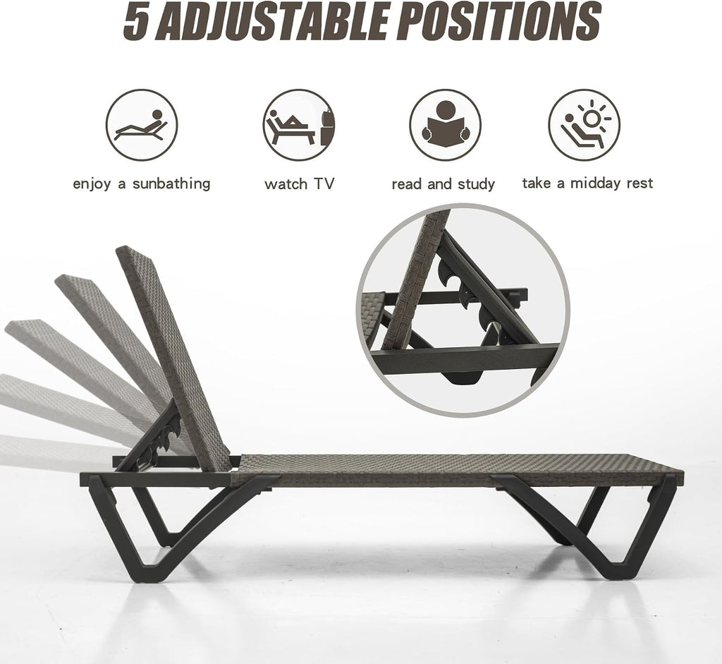 Pool Lounge Chairs Set of 2, Wicker Adjustable Outdoor Chaise Lounge with Wheels, All Weather Poolside Chairs for