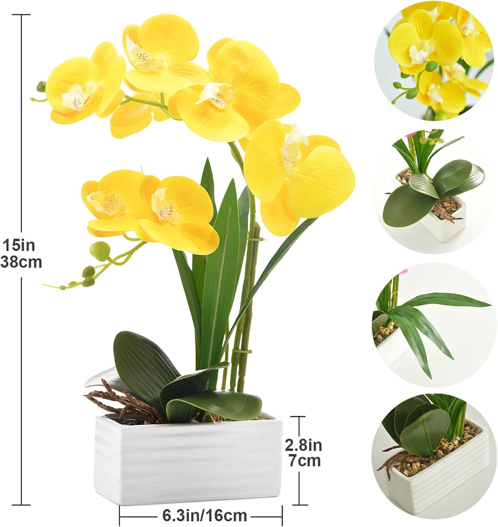 Artificial Real Touch Orchid Flowers with White Ceramic Vase, Yellow