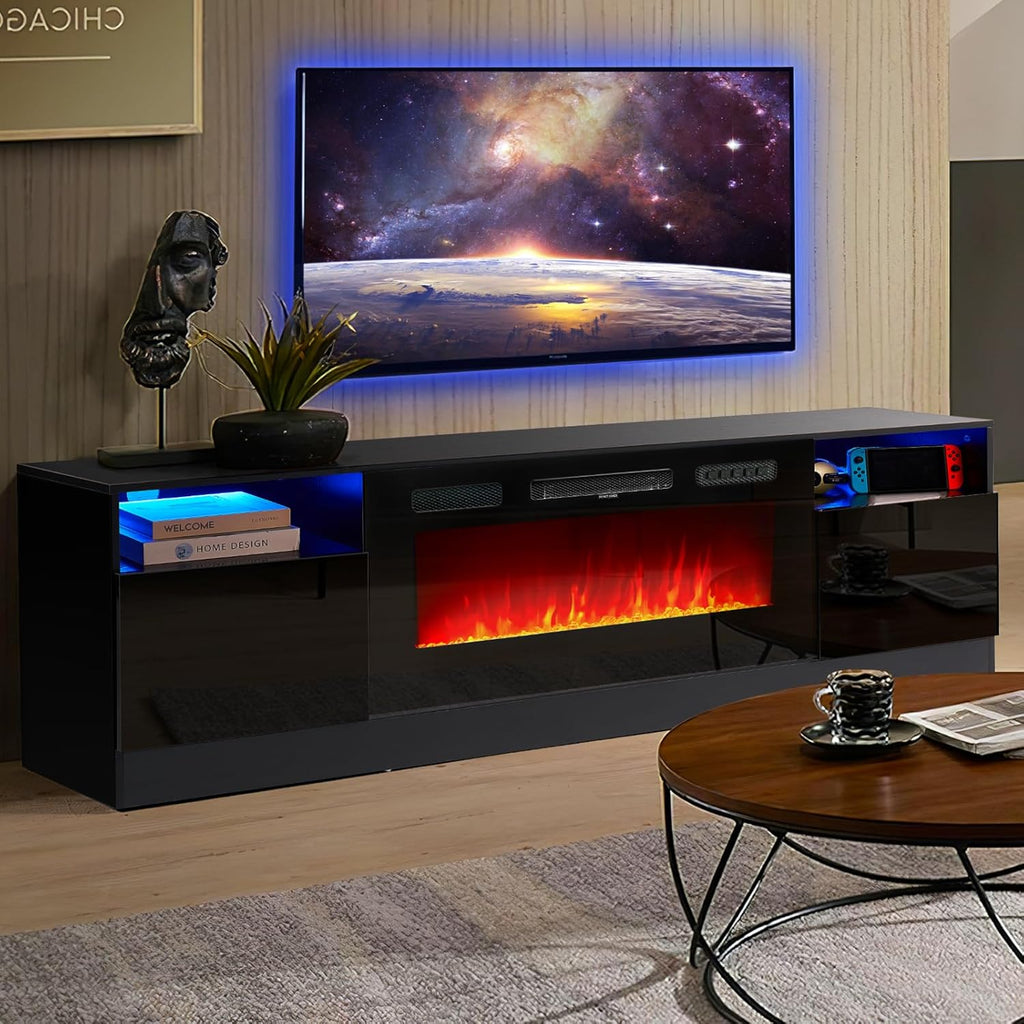 Fireplace TV Stand with 36" Electric Fireplace, LED Light Entertainment Center, Modern Wood Texture Entertainment Stand with Highlight Storage Cabinet for TVs Up to 80", 70 inches, Black A132-B0BFXHCQ17