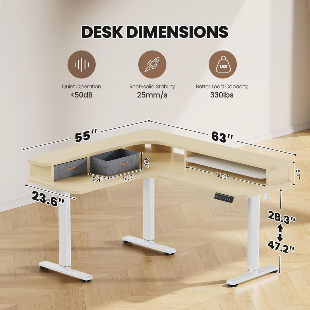 Electric L Shaped Standing Desk with Drawers, 63" x 55" Corner Standing Desk Adjustable Height, Stand Up Home Office