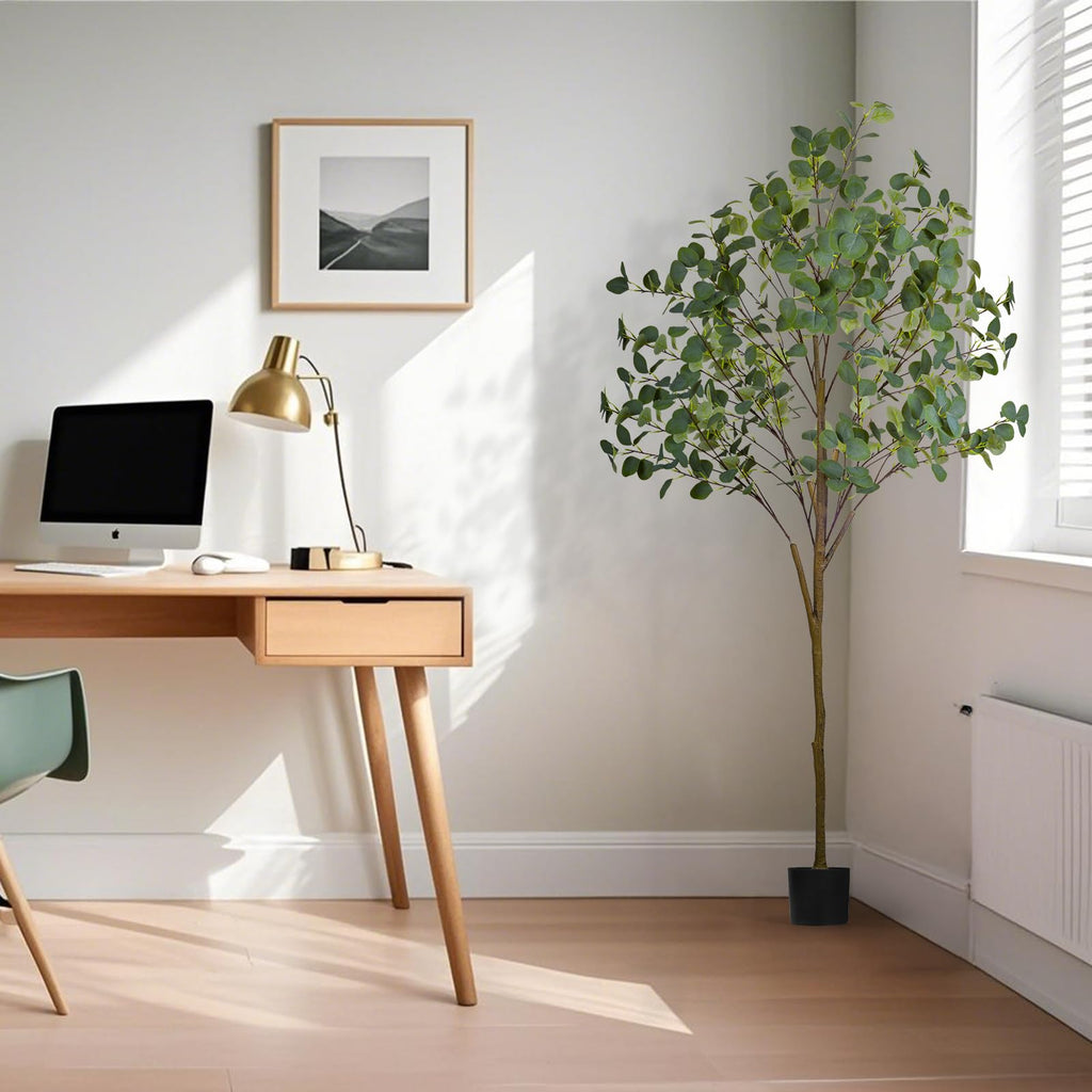 6FT Faux Eucalyptus Tree Indoor - Tall Artificial Eucalyptus Tree with Natural Trunk and Realistic Leaves, Indoor Fake