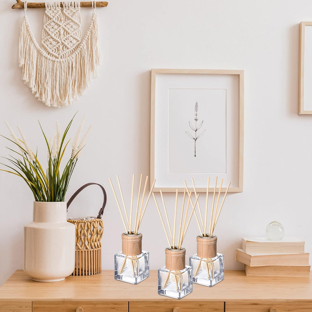 Set Reed Diffuser Bottles 50ml Glass Wooden Caps Rattan Sticks - Set of 4