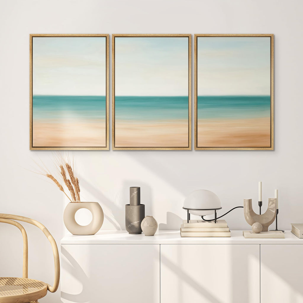 Framed Canvas Print Wall Art Set Soft Abstract Beach Horizon Teal & Beige Minimalist Ocean Illustrations Modern Art