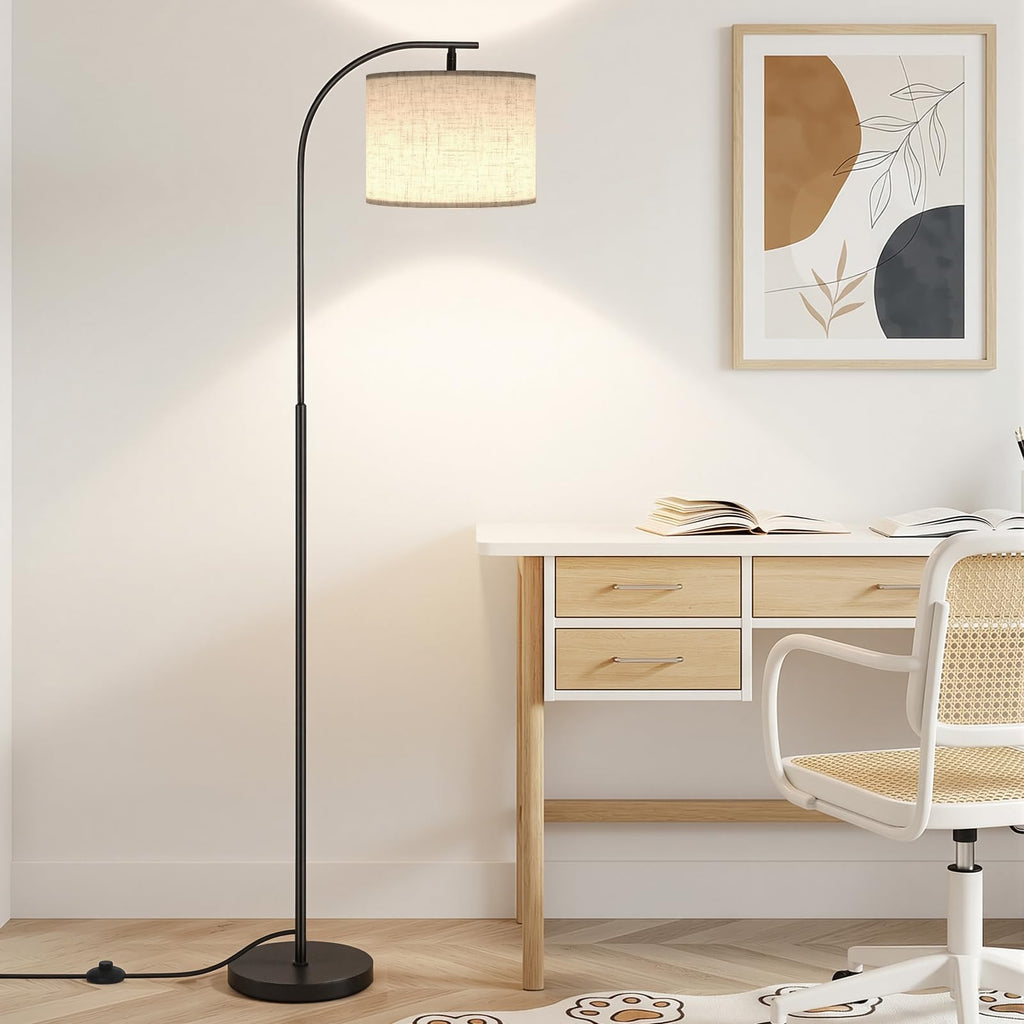 Floor Lamp with Linen Shade, Arc Dimmable Tall Standing Lamp with Remote Control, Modern Floor Reading Light Bedroom