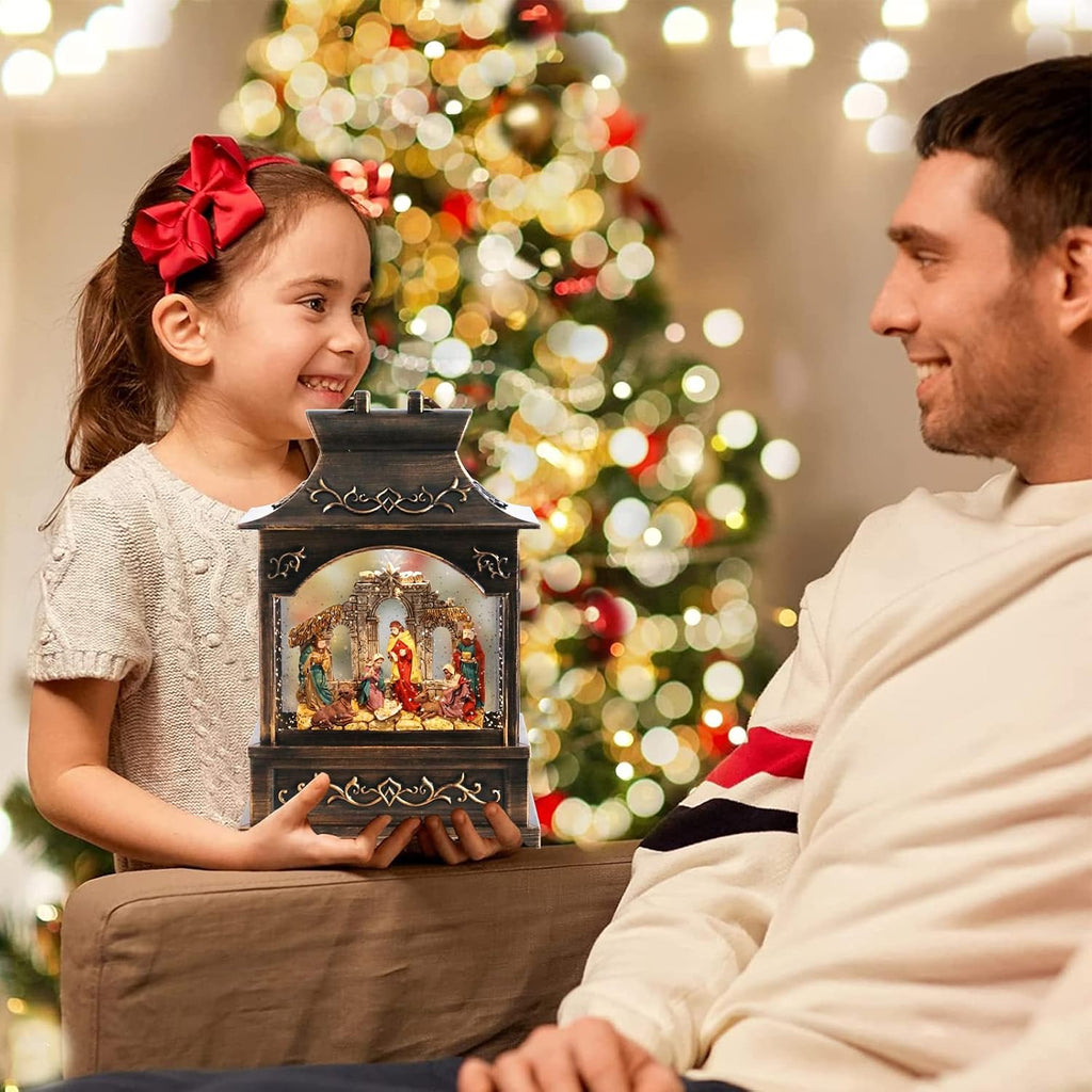 Christmas Nativity Snow Globe Lantern with Music Lights Swirling Glitter
