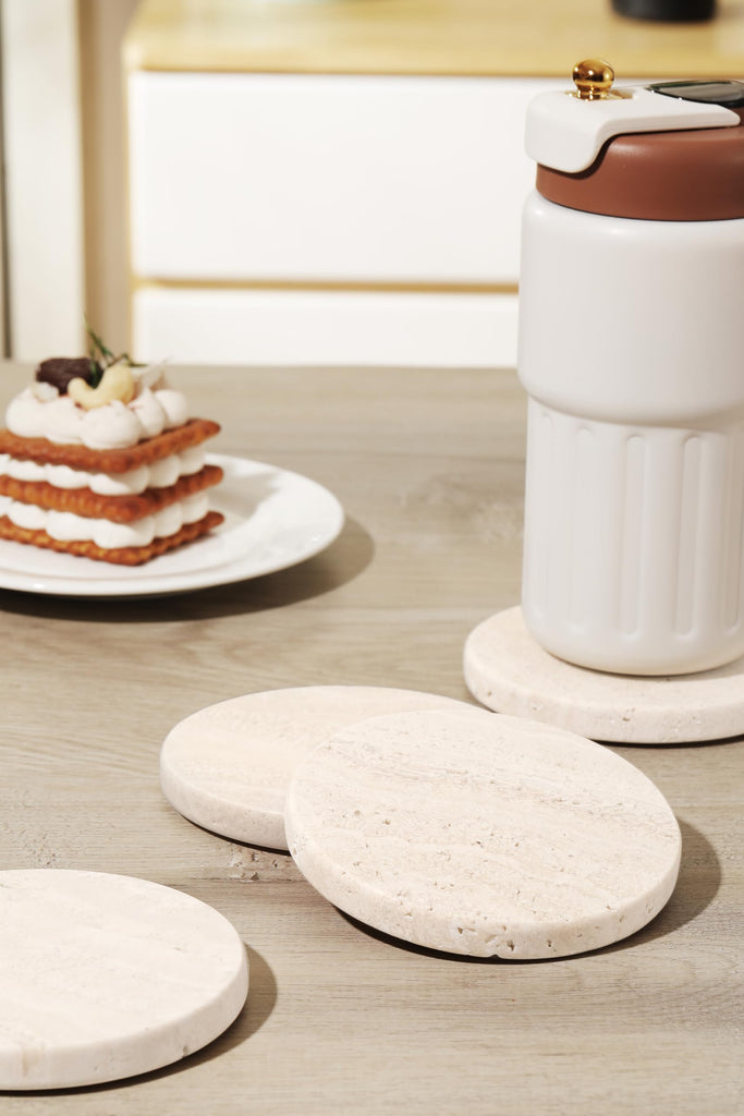 White Travertine Coasters - Set of 4 Round 4" Diameter Drink Marble Coasters warming Gift, Anniversary, Office