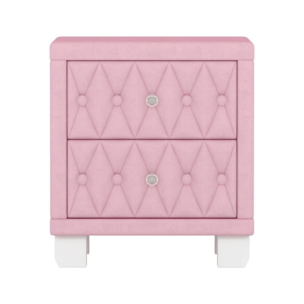 Velvet Nightstand with 2 Storage Drawers and Crystal Handle, Button Tufted End Table, Pink