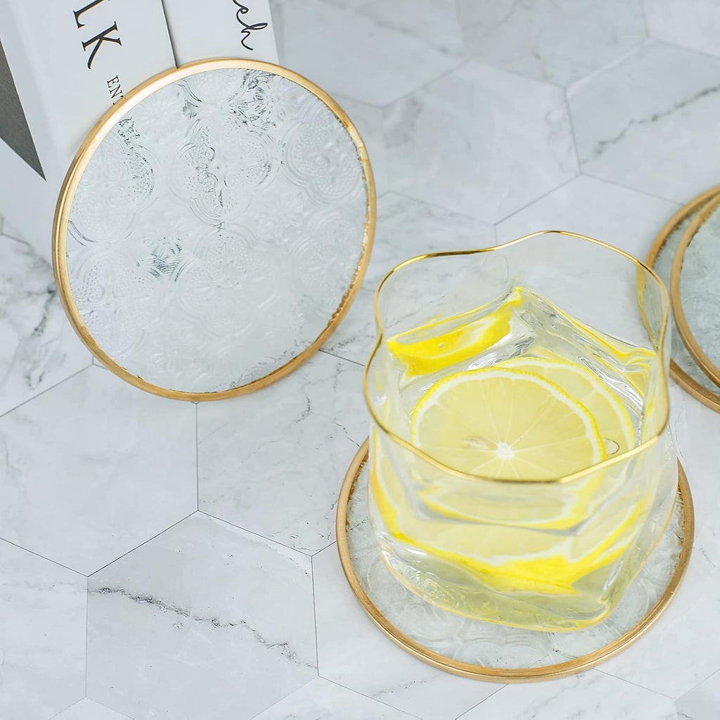 Glass Gold Coasters with Holder, Round Cup Coaster Set with Carved Glass Stylish for Coffee Tea Wine - Set of 4