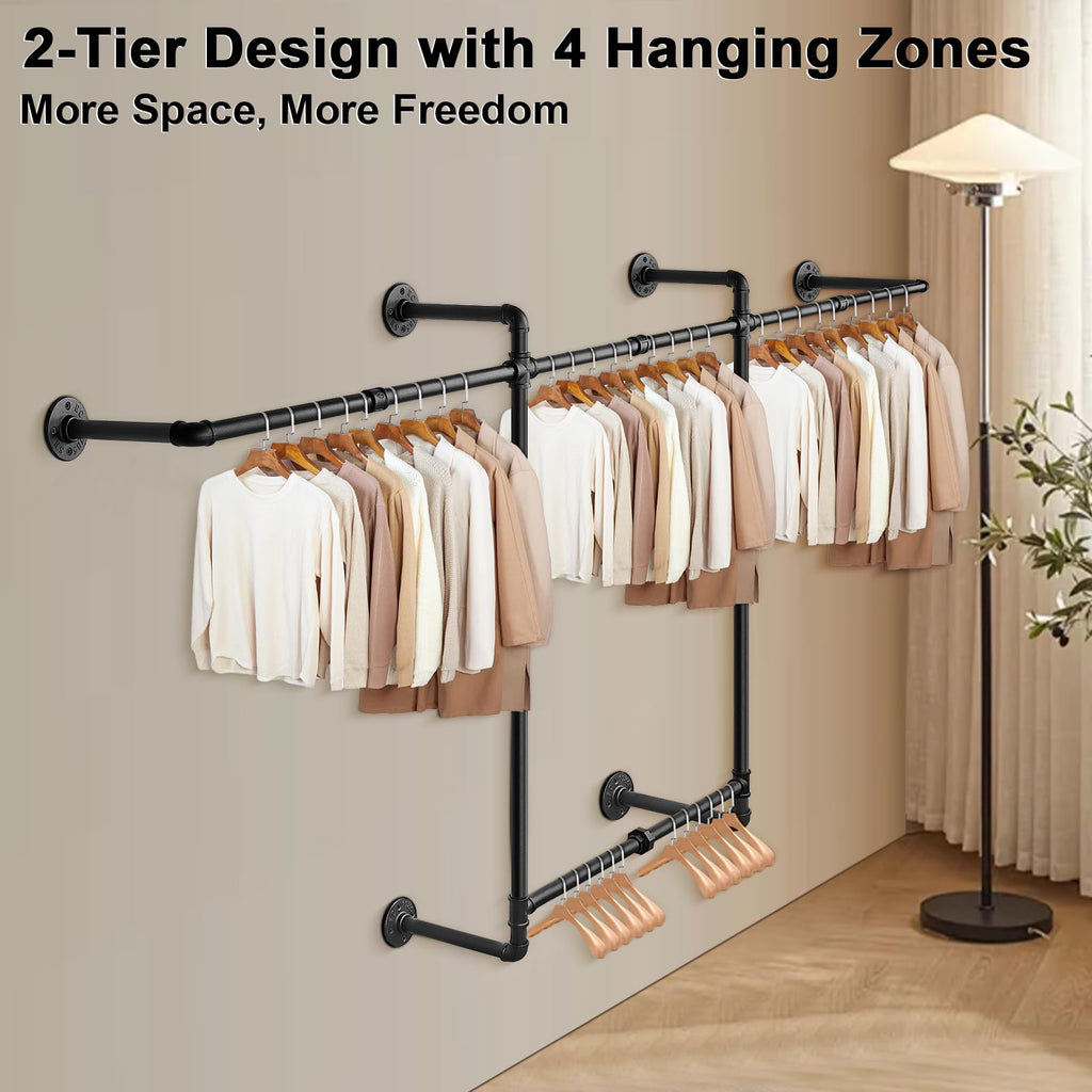 Industrial Pipe Clothes Rack, Heavy Duty Detachable Iron Garment Rack Wall Mounted, Rustic Saving Space Clothes Bar