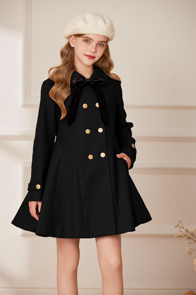 Girls Dress Coat Fall Winter Double Breasted Peacoat Bow Pocket