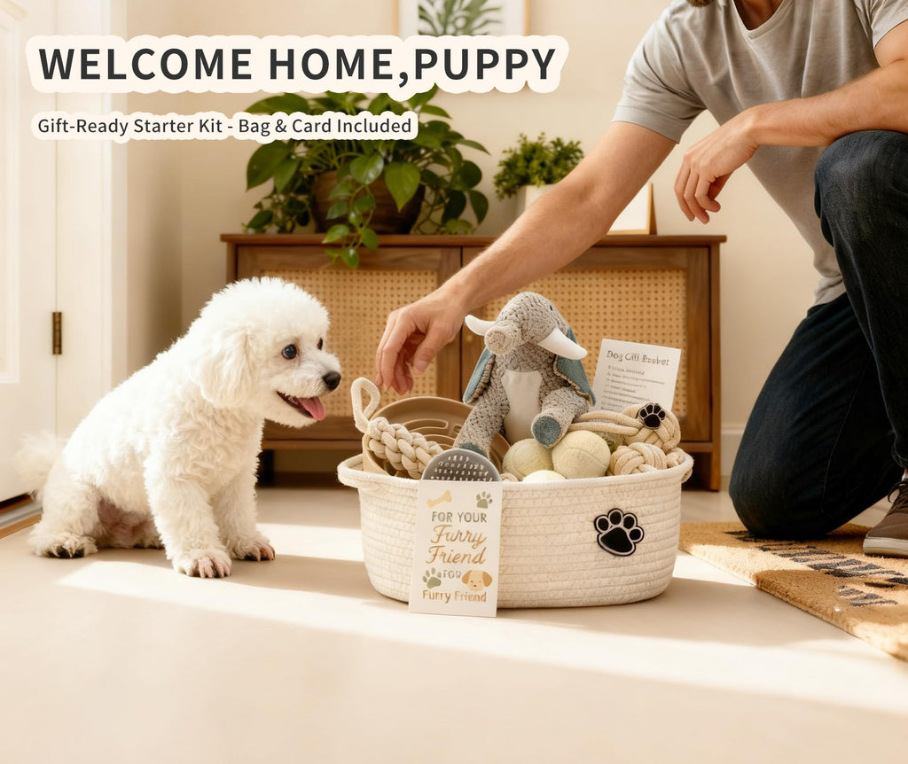 Dog Gift Basket - Puppy Starter Kit, Welcome New Puppy Gift Basket with Interactive Toys Bundle, Perfect Dog Birthday