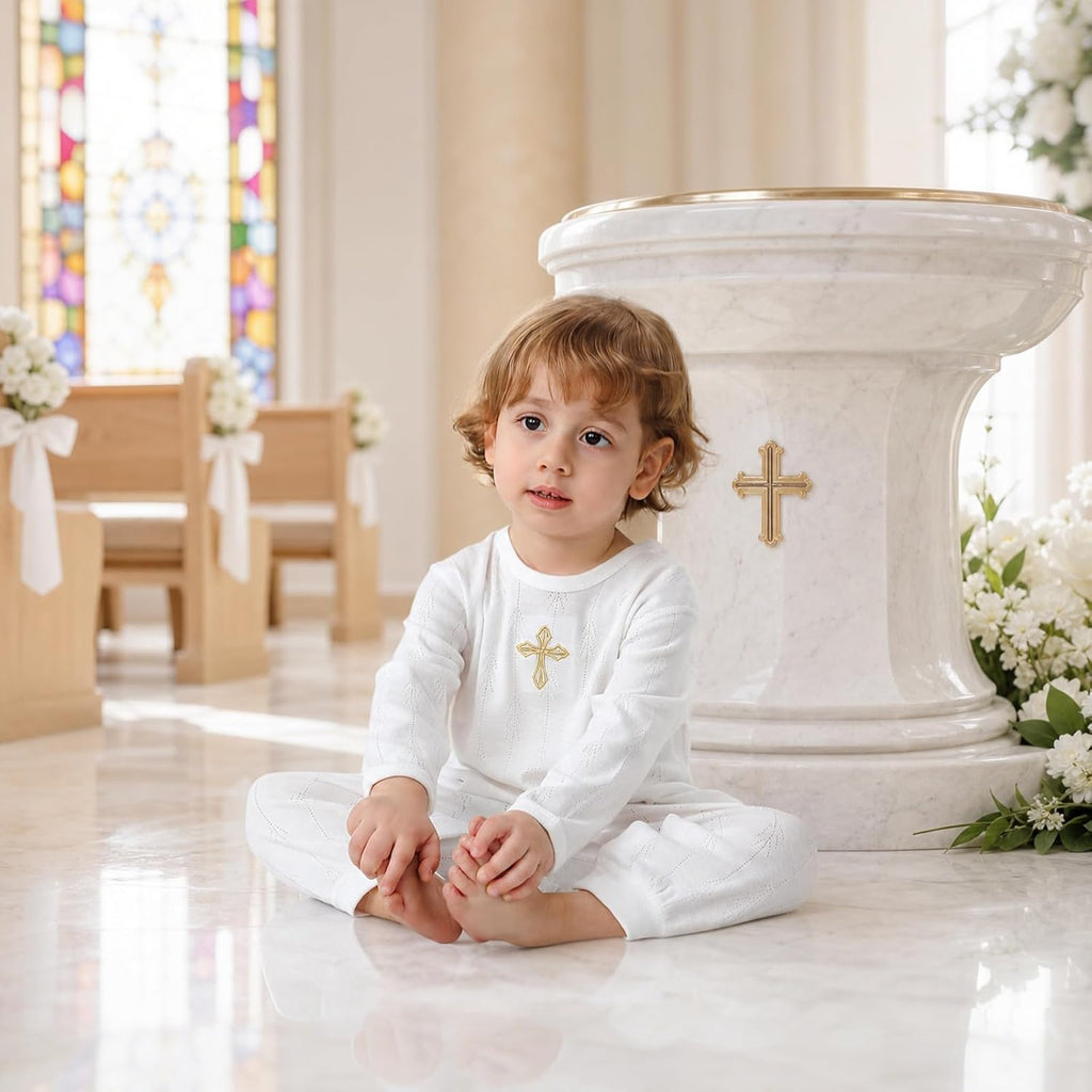Baby Boy Baptism Outfit, 100% Cotton Christening Romper with Cross Embroidery, White Infant Onesie