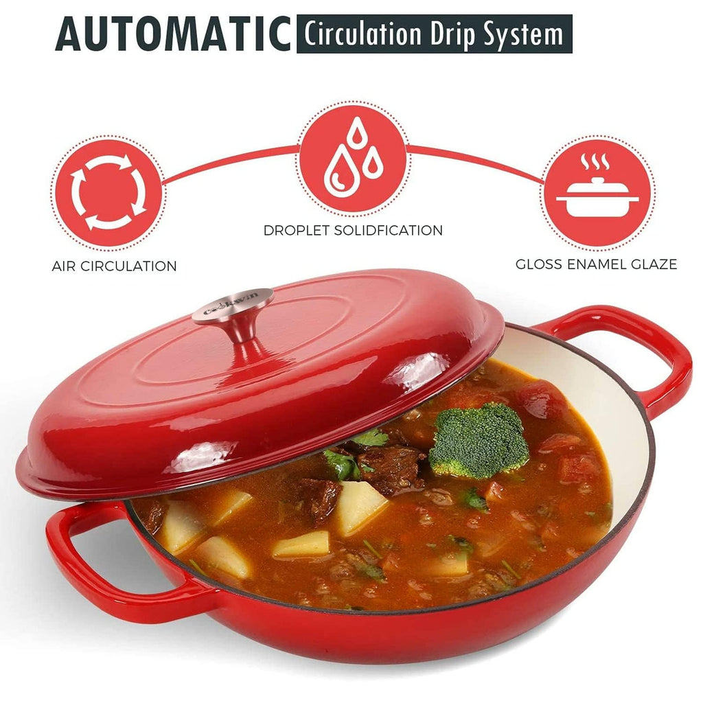 3.8 Quart Enameled Cast Iron Braiser Pan with Lid, Shallow Dutch Oven, Red