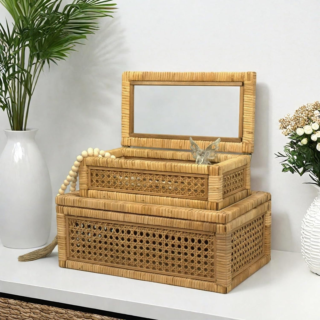 Rattan Display Box Decor with Lid - Rectangular Coastal Bohemian Style Stackable Decorative Storage Box Set