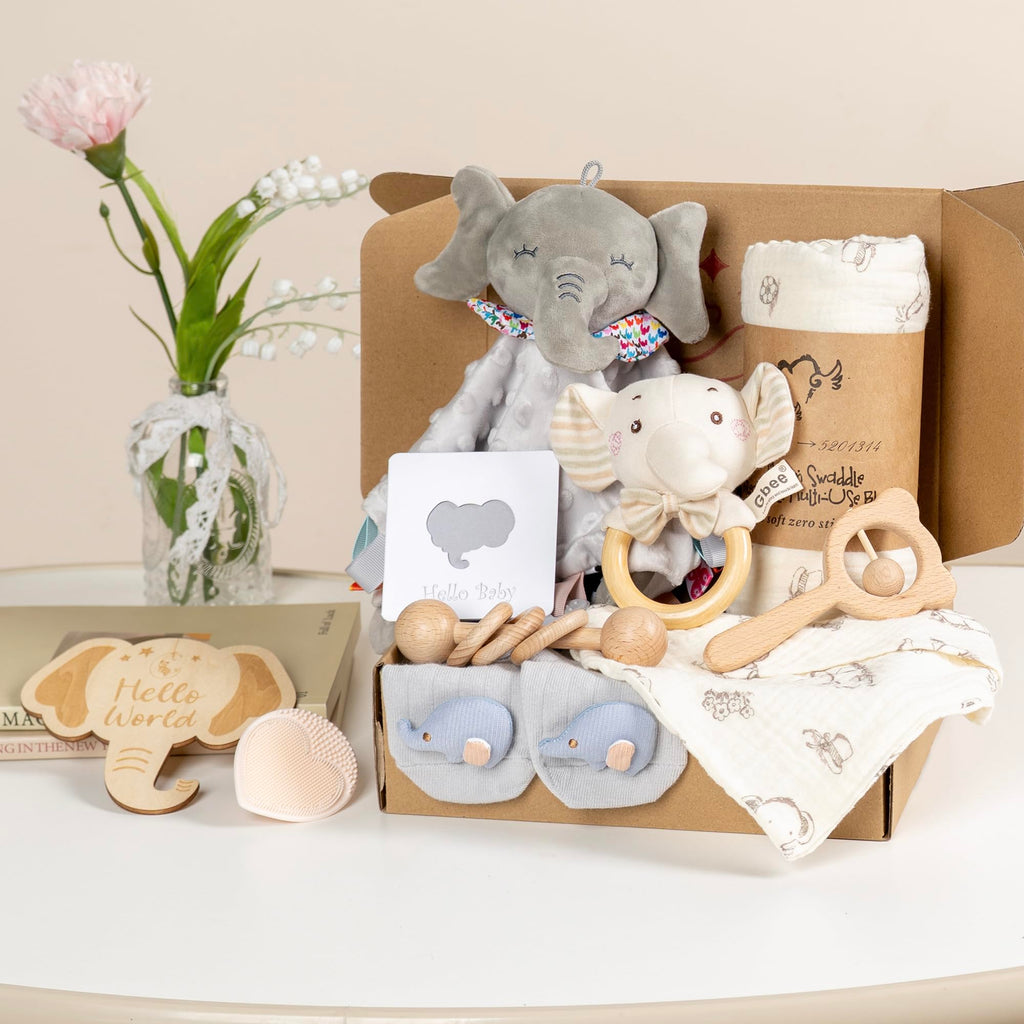 Elephant Baby Gift Set- 10 Piece Newborn Present Box with Essentials