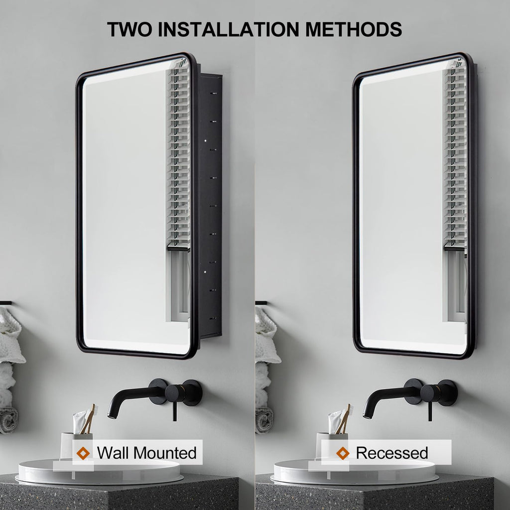 Black Bathroom Medicine Cabinet with Mirror 21 x 34 Metal Frame Recessed Or Wall Mounted Single Door Storage Medicine