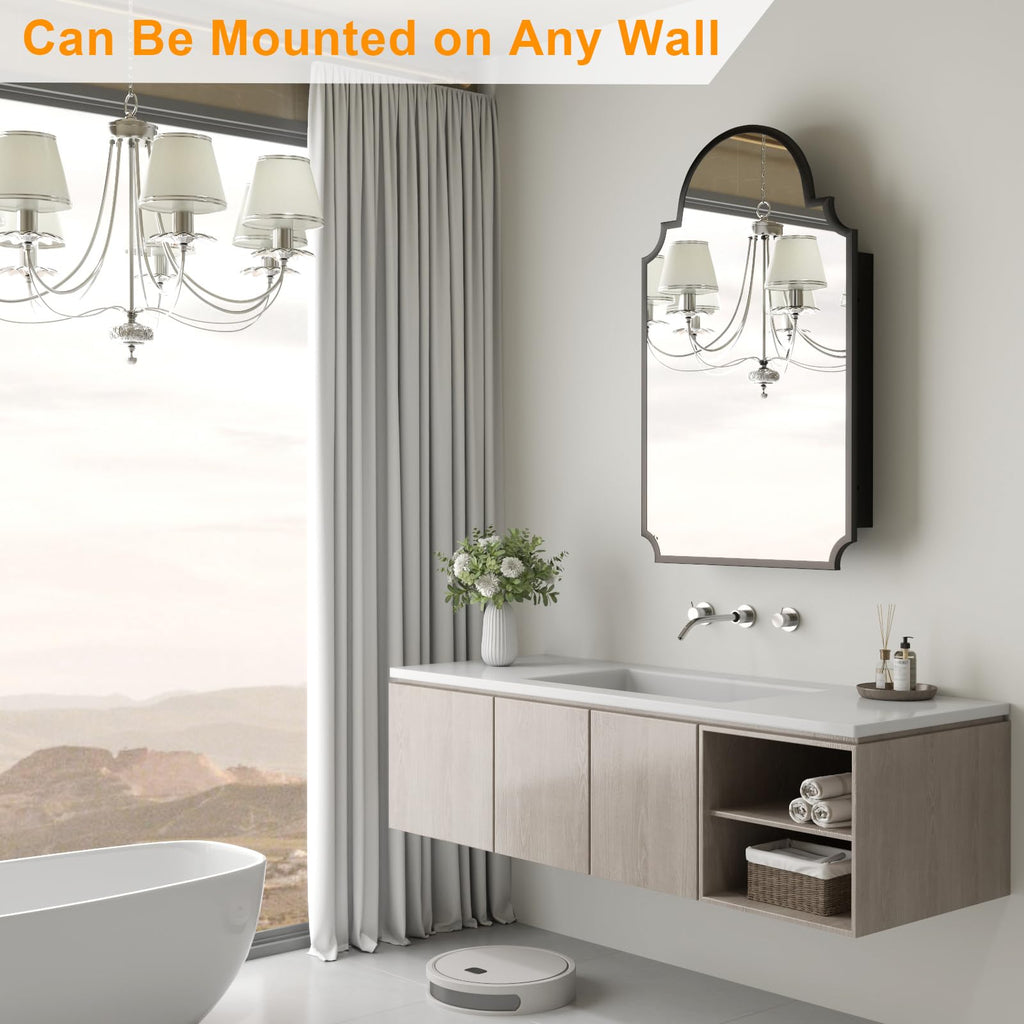 Black Decorative Medicine Cabinet Mirror, 20"x32" Recessed or Surface Mount Metal Irregular Medicine Cabinet
