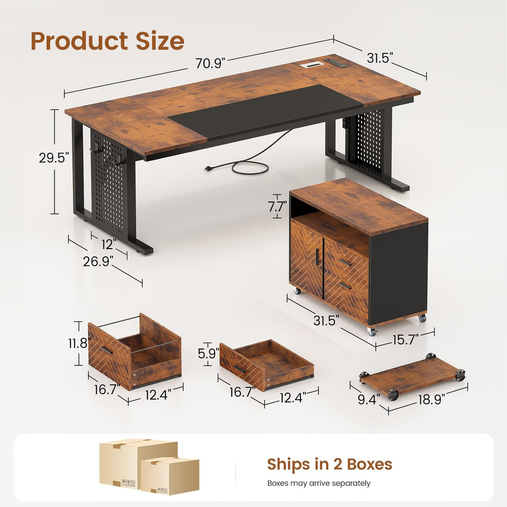 71" Executive Desk with Rolling File Cabinet, Large Office Desk with Drawers, L Shaped Computer Desk with Power