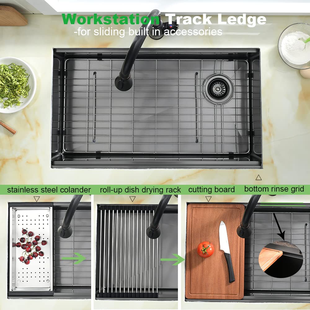 33 Inch Black Undermount Kitchen Sink Offset Drain, 33x19 Undermount Workstation Sink 16 Gauge Stainless Steel Single