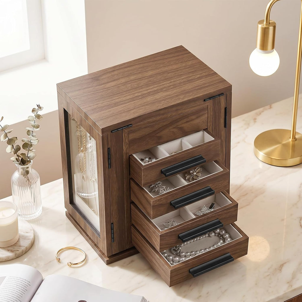 360° Rotating Jewelry Box with Mirror, Wooden Jewelry Organizer Box