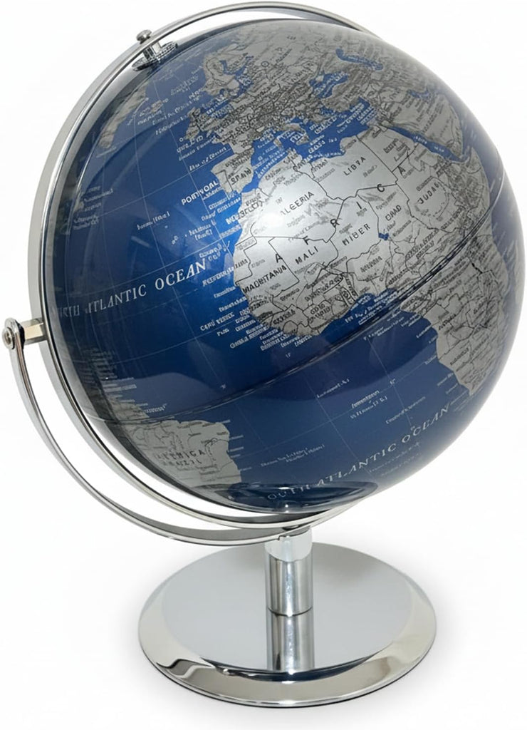 8" Blue World Globe with 720° Rotating Stainless Steel Stand for Adults - Elegant Adult Bookcase Decorative Home Desk