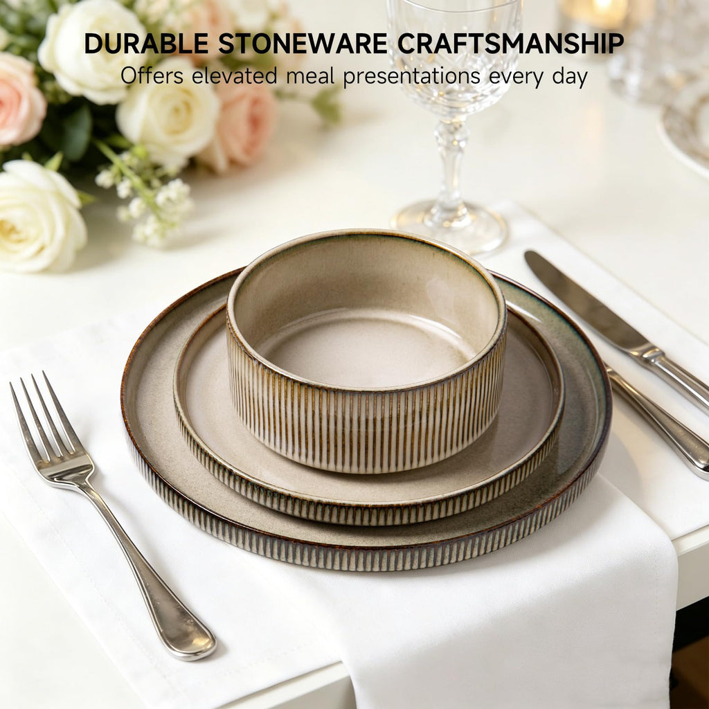 12PCS Ceramic Dinnerware Set for 4, Stoneware Plates and Bowls Sets
