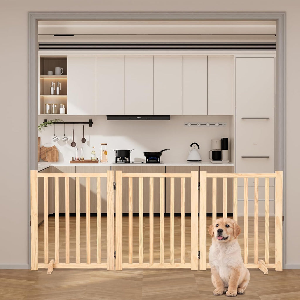 24 Inch Foldable Wooden Dog Gate, Foldable Freestanding Dog Door 3 Panel, White Wooden z Shape Step Over Pet Fence