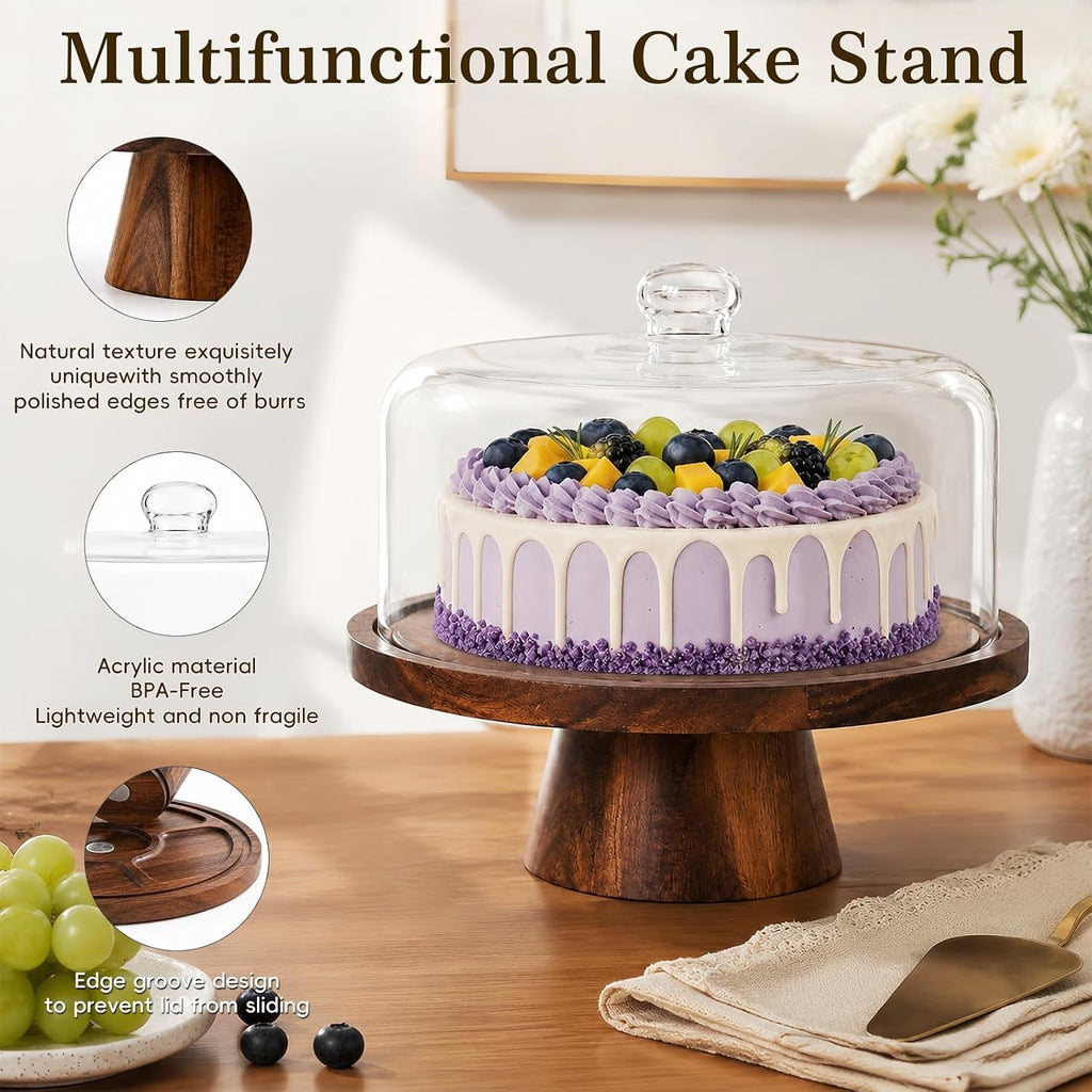Acacia Wood Cake Stand with Lid - 12 Inch Magnetic Detachable Cake Stand with Dome, Shatterproof Acrylic Cover