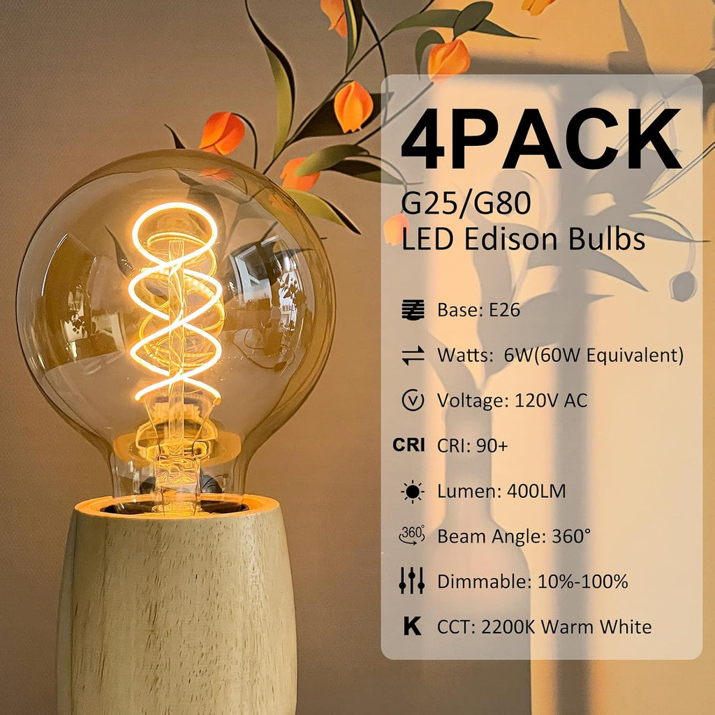 E26 Dimmable G25/G80 Globe 6W LED Vintage Edison Light Bulbs 60W Equivalent