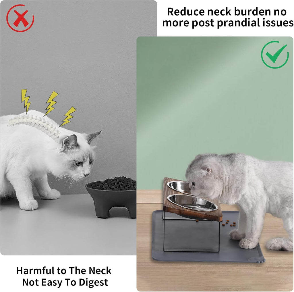 Upgraded Elevated Cat Bowls with Food Mat, 15°Tilted Stand Anti Vomiting Raised Cat Dishes for Food and Water, 2