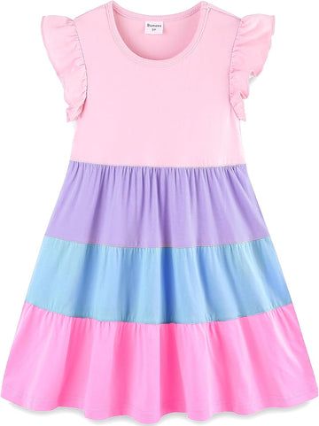Girl's Dresses Cotton Ruffle Sleeve Tiered Swing A-Line Cute Midi Casual Sundress