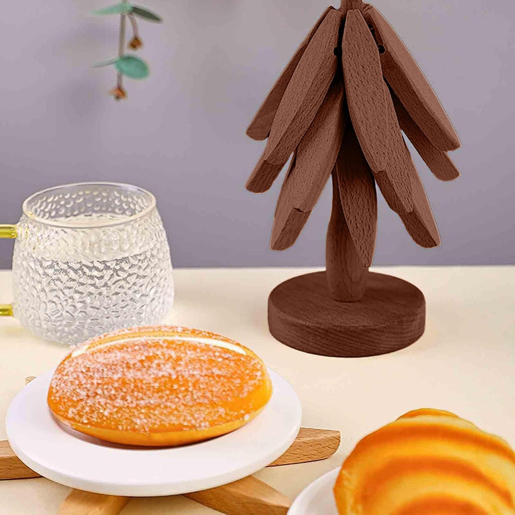Wooden Cup Coaster Set,Tree Shape Trivet Set,Tree Coasters- 4 Wooden Trivets + 1 Stand stored for hot