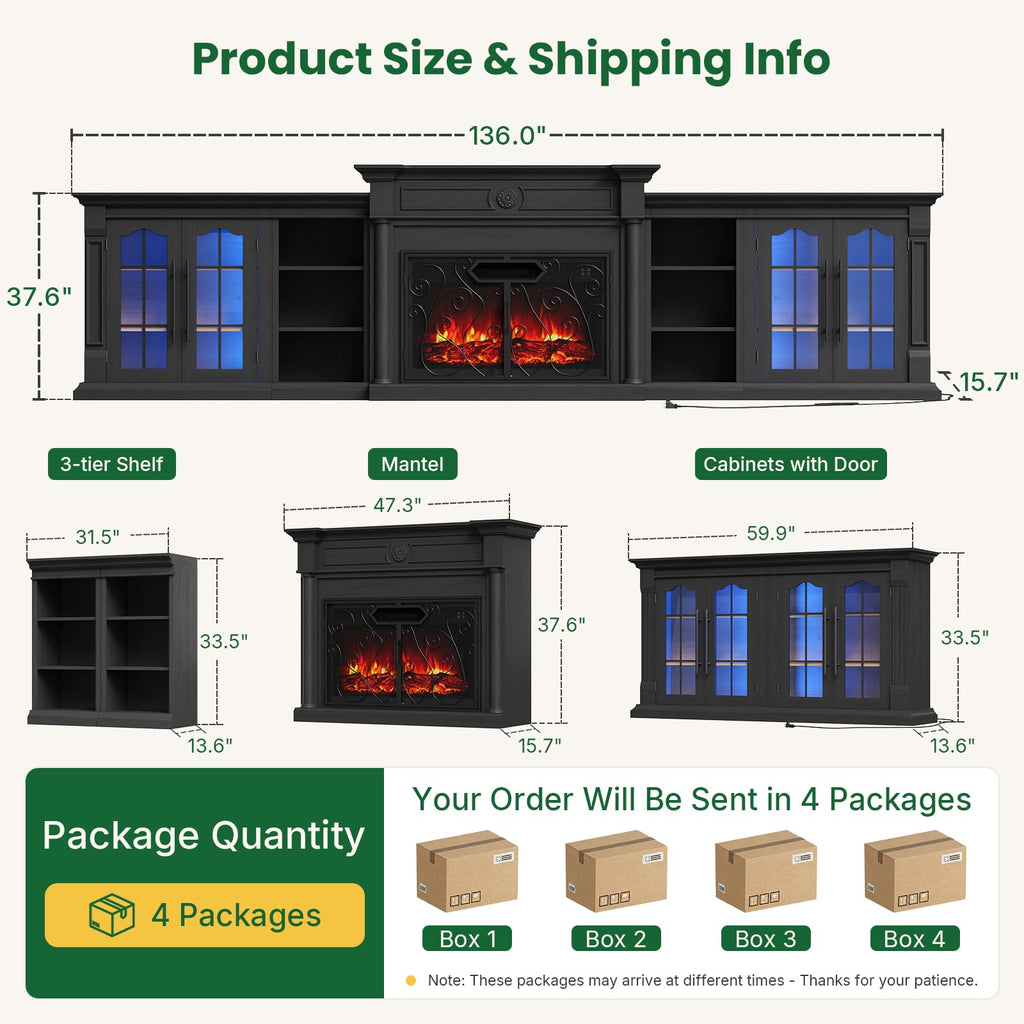 136" Fireplace TV Stand with Metal Screen, 5-in-1 Modular Design, Black