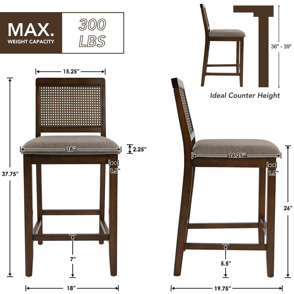 26" Rattan Bar Stools Set of 4, Farmhouse Chenille Upholstered Counter Height Stools with Cane Woven Back, Mid