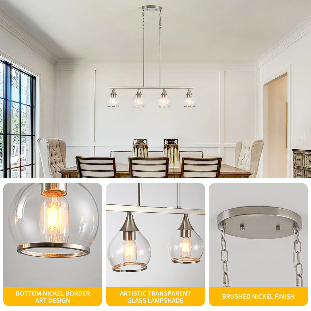 Island Light, 4-Light Brushed Nickel Island Pendant Lighting with Clear Round Glass Shades, Dining Table, Living