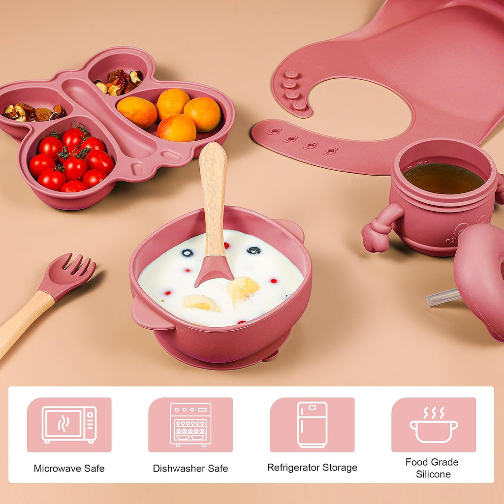 Feeding Set, Baby Led Weaning Supplies, Silicone Suction Butterfly Plate, Bowl, Spoons, Fork and Waterproof Bib &