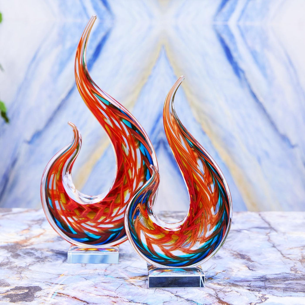 Hand Blown Flame Sommerso Art Glass Sculpture Decor 16 inch Tall Centerpiece Table Decoration