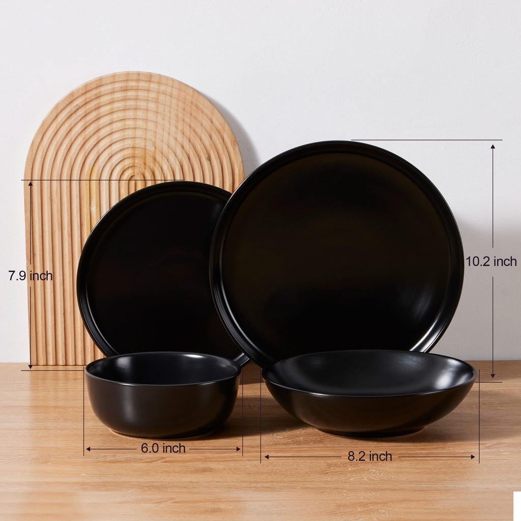 16 Piece Dinnerware Sets with Double Bowls for 4, Black Onyx